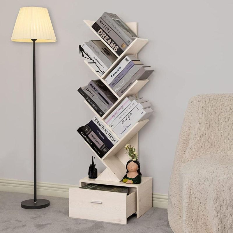 Modern Bookshelf Free Standing Wood Bookcase with Drawers for Living Room Bedroom Home Office