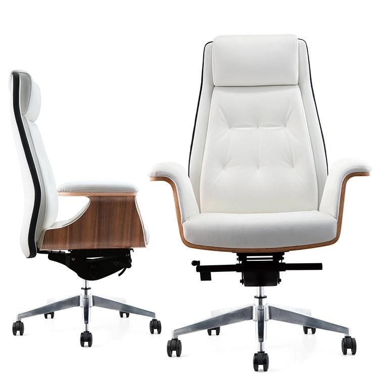 Elegant Warm White Leather Office Chair High Back Executive Wooden Armrest Office Chair (HY-JY302A)