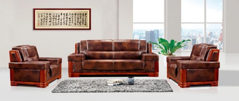 China Sofa Furniture Solid Wood Frame Black Leather Office Sofa Set