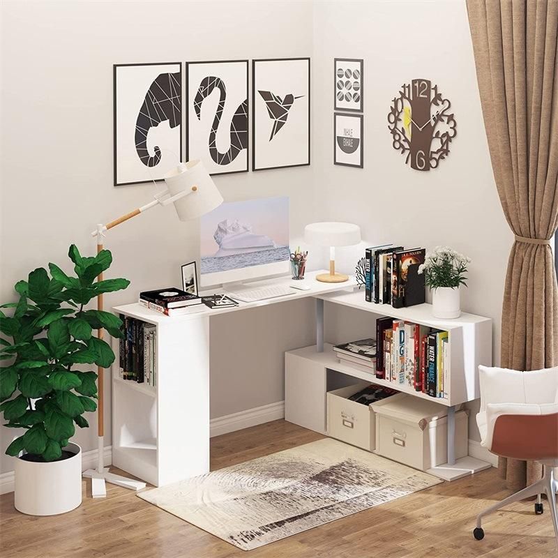 White 360 Rotating Corner Computer Desk Modern L-Shaped Home Office Workstation with 3-Tier Storage Shelves