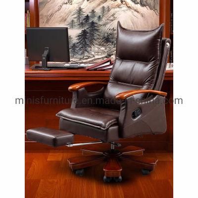 (M-OC296) CEO Office Executive Furniture Cow Leather Swivel Chair with Wood Arms and Footstool