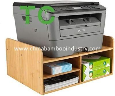 Bamboo Printer Stand with 3 Compartments Workspace Storage Organizer Desktop Printer Stand Countertop Storage Rack