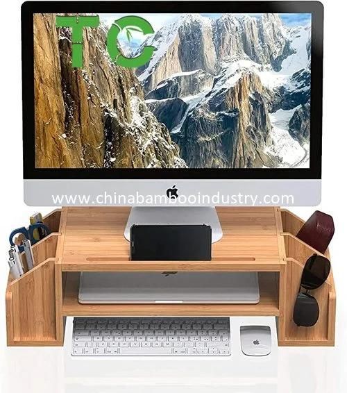 Bamboo 2-Tier Monitor Riser with Adjustable Storage Organizer Desktop Stand