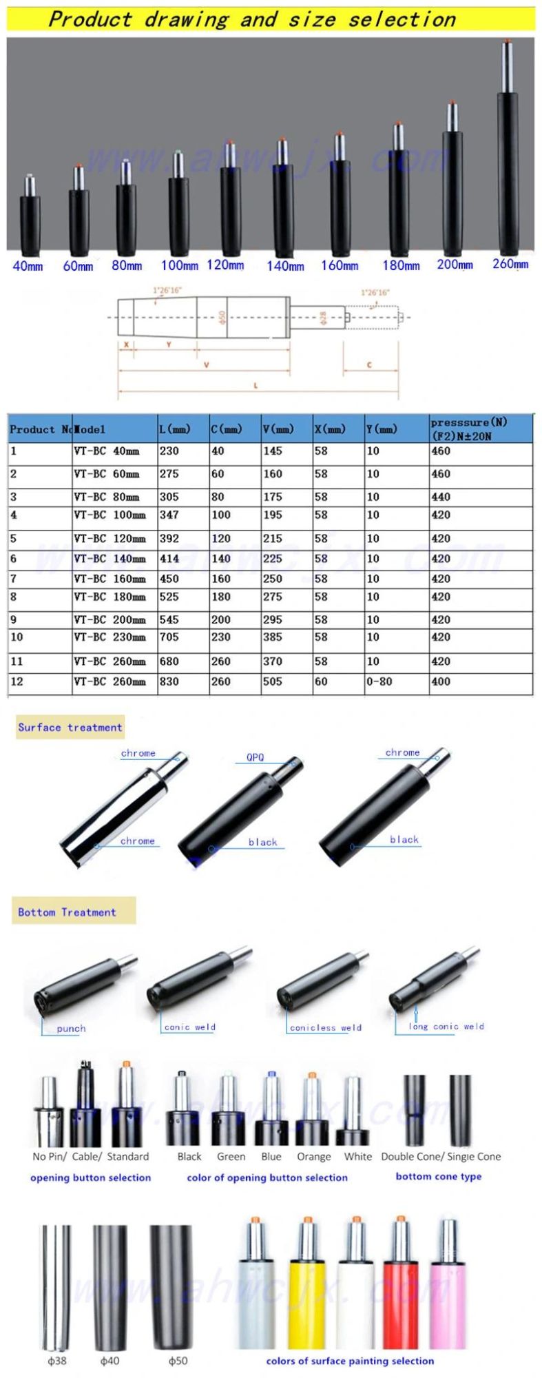 Office Chair 120mm Stroke Gas Spring 500n Gas Lift Black Gas Cylinder with Taper Stocks Fits for Office Chair